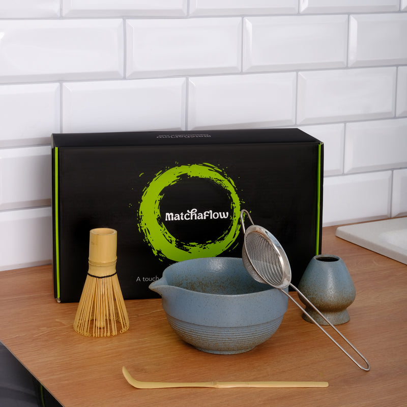 Matcha Whisk Set - Matcha Kit Set with Handmade Bamboo Chasen, Stoneware Matcha Bowl (Chawan) with Spout, Stainless Steel Sifter, Bamboo Scoop & Whisk Stand, Matcha Tea Set with Gift Box